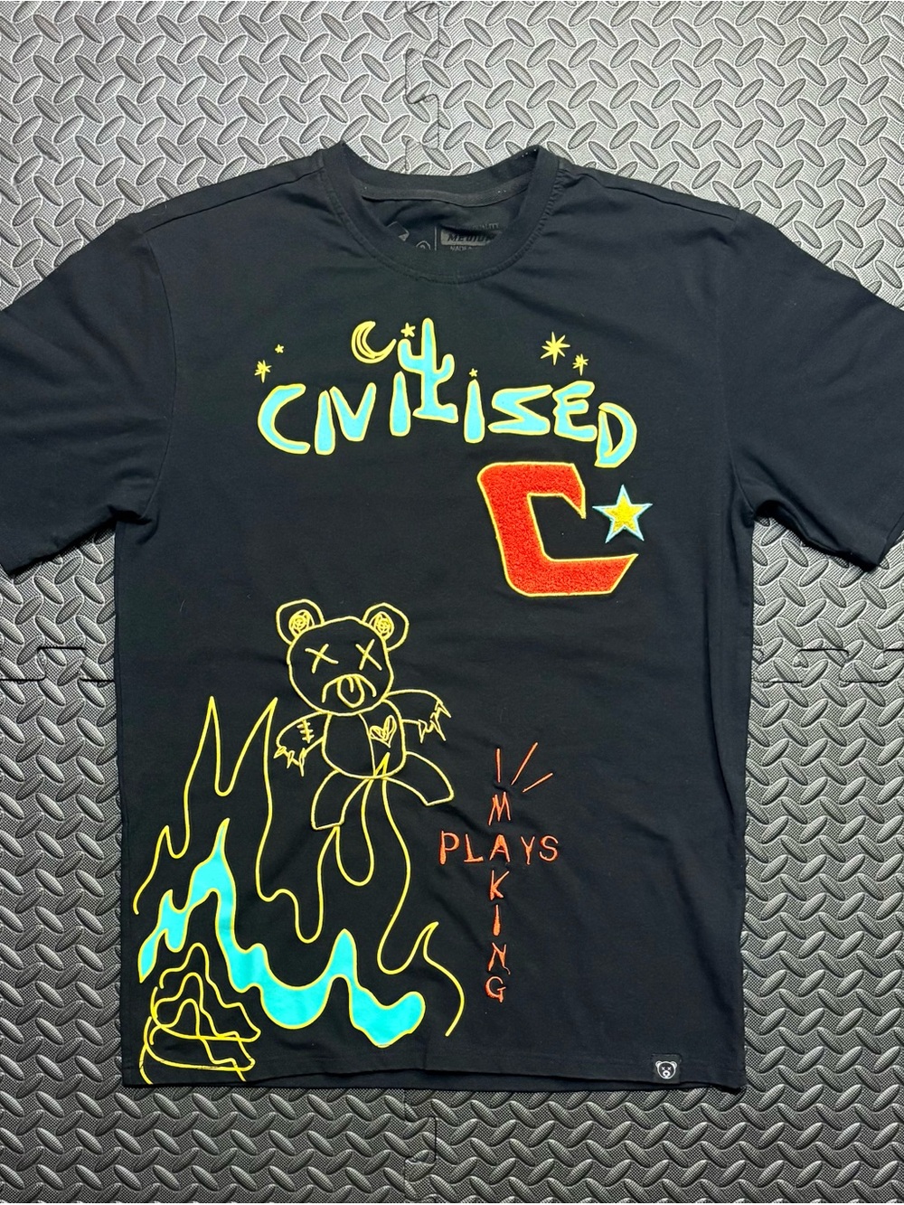 Civilized Graphic T Shirt Mens Medium Black Streetwear Teddy Bear Chenille Patch